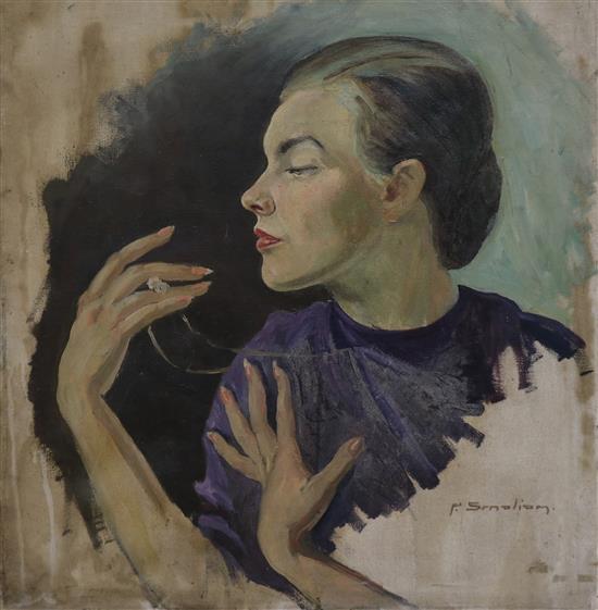 P. Smoliom, oil on canvas, Woman admiring a necklace, signed, 65 x 60cm, unframed